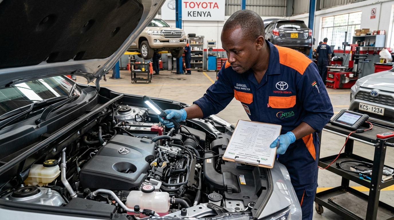 Certified vehicle technician inspecting engine bay and mechanical condition — documentation adds up to KSh 100K to OMV valuation