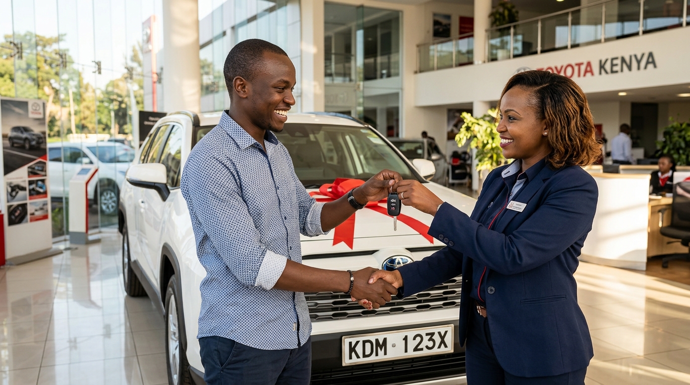 Vehicle key handover ceremony at a Nairobi dealership — celebrate real Day-1 ownership with bank asset finance