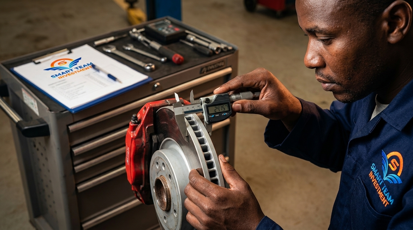 Digital micrometer measurement of brake rotor thickness and caliper inspection at Smart Team Investment