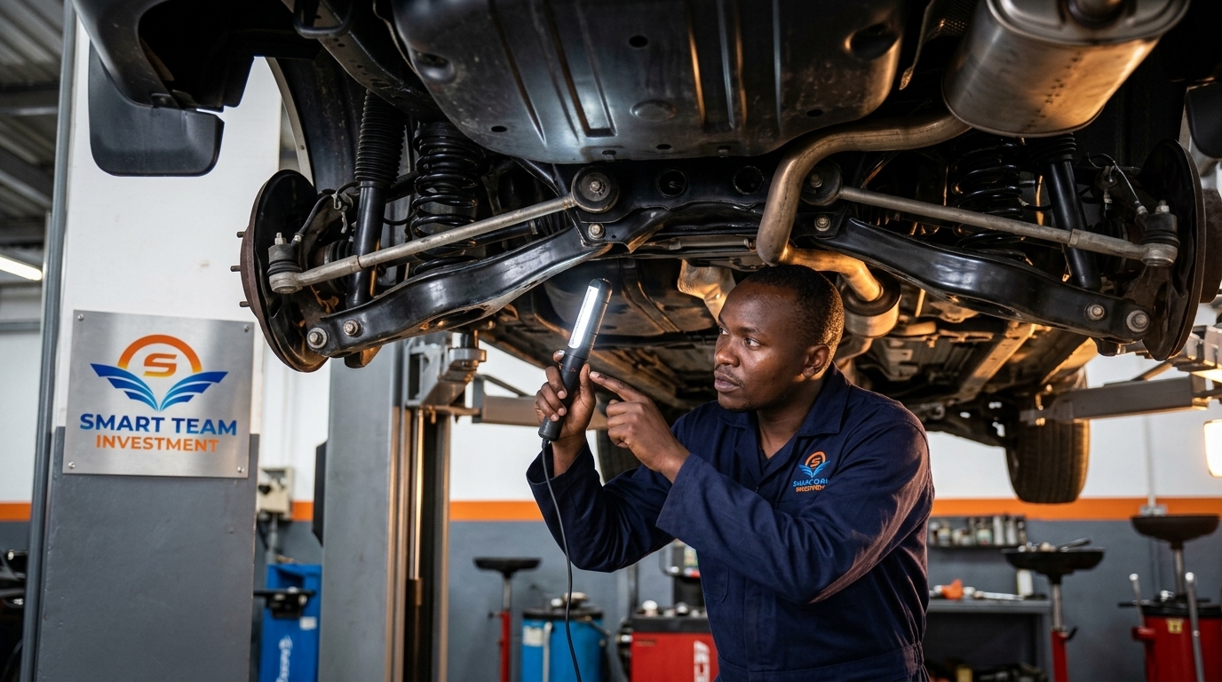 Undercarriage suspension and control arm bushing inspection on hydraulic lift at Smart Team Investment