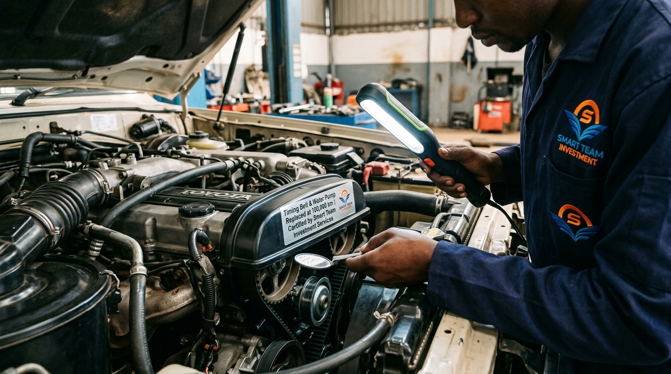 An open engine bay showing the black plastic timing belt cover with a silver 100,000km maintenance sticker — the exact 'under the bonnet' check that reveals a timing belt bomb before a Smart Team Investment 100k-km audit