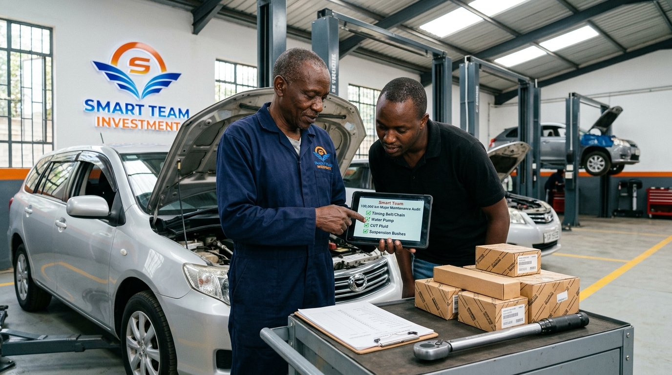 A silver Toyota Fielder on a Nairobi showroom floor at 11:15 PM — the exact moment a first-time buyer must run our 100k-km verification gauntlet instead of trusting a 58,000-km odometer reading at Smart Team Investment