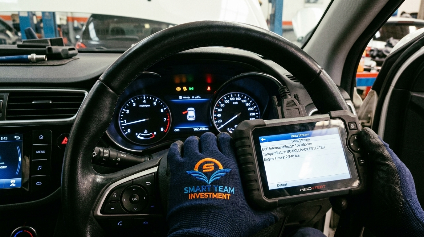 A mechanic plugging an OBD-II diagnostic scanner into a car in a Nairobi garage — the digital-cluster forensic check that exposes rolled-back 100k-km odometers before a Smart Team Investment pre-purchase audit