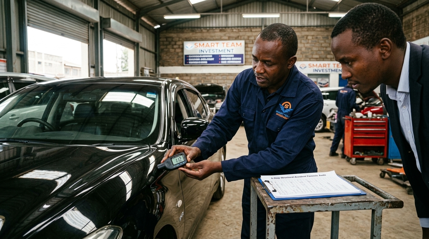 A glossy black 2016 Toyota sedan parked in a Nairobi car yard in daylight — the exact moment a first-time buyer must run our 6-step body-language accident inspection instead of trusting a showroom shine at Smart Team Investment