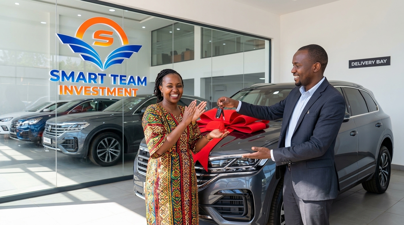 A brand-new white Chinese SUV parked in a modern Nairobi dealership showroom at 11 PM — the exact moment a first-time buyer must compare the official VIN shield against a grey-import KSh 0 warranty trap at Smart Team Investment