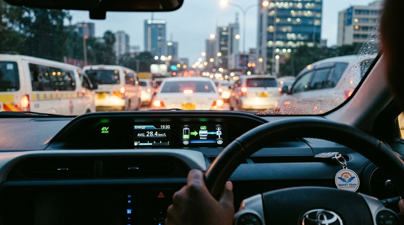 Toyota Aqua-class hybrid in Nairobi city traffic — the electric motor handles stop-and-go crawling under 40 km/h while the petrol engine shuts off, cutting monthly fuel spend nearly in half at Smart Team Investment