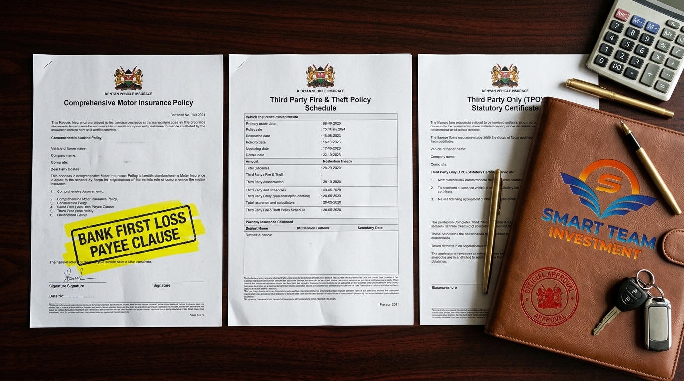 The 3 Motor Insurance Tiers in Kenya — Comprehensive, TPFT, and TPO policy schedules with Bank First Loss Payee clause at Smart Team Investment