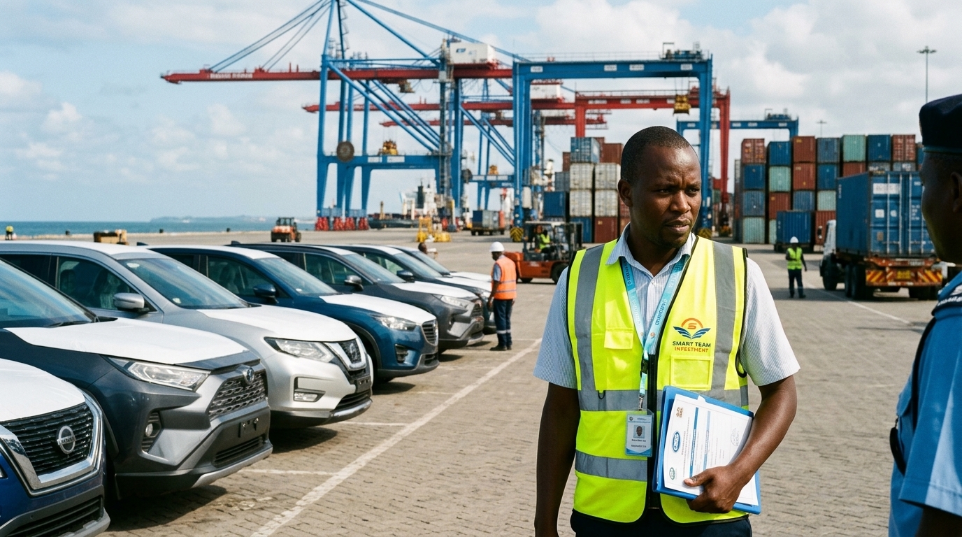 Mombasa Port Ro-Ro vehicle clearance — Smart Team Investment clearing specialist verifying official QISJ Certificate of Roadworthiness (CoR) and KEBS KS 1515 compliance