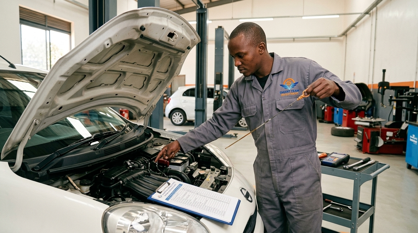 Mandatory 90-day service and pre-purchase mechanical audit — Smart Team Investment workshop technician verifying fluids and roadworthiness