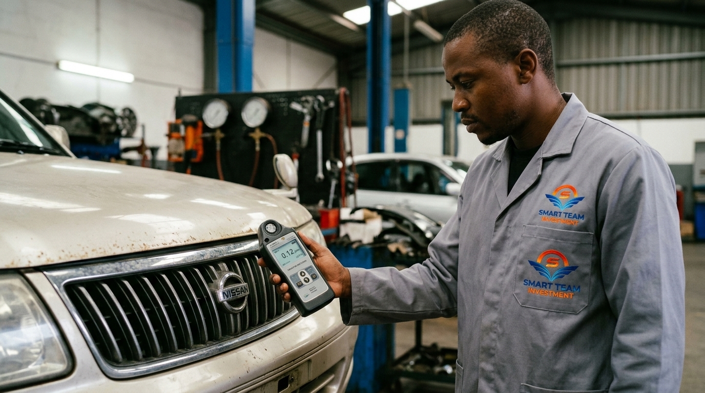 Pre-shipment radiation screening and KS 1515 compliance audit — Smart Team Investment technician testing vehicle front intake with calibrated digital radiation detector