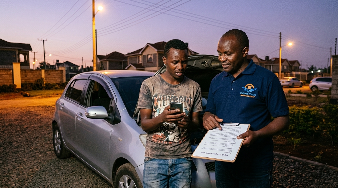 The 'bad month' trap — a small locally-used hatchback parked on gravel at dusk while its owner stares at a mobile loan app after a sudden KSh 25,000 repair, the reality the 8% gross payment rule prevents at Smart Team Investment