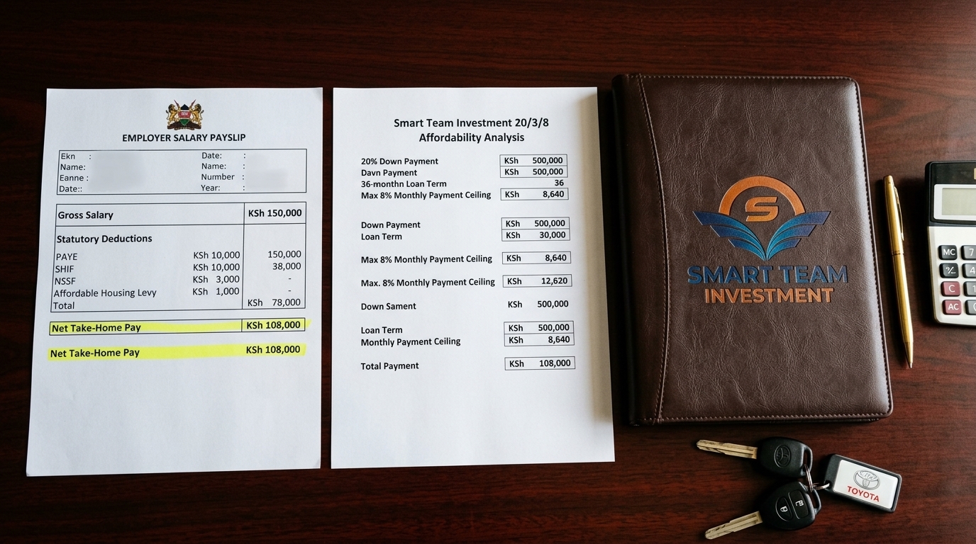 The gross vs net pay trap — a Kenyan salary payslip showing PAYE, SHIF, NSSF, and Housing Levy deductions that silently shrink the budget your car loan must fit inside, part of a Smart Team Investment affordability audit